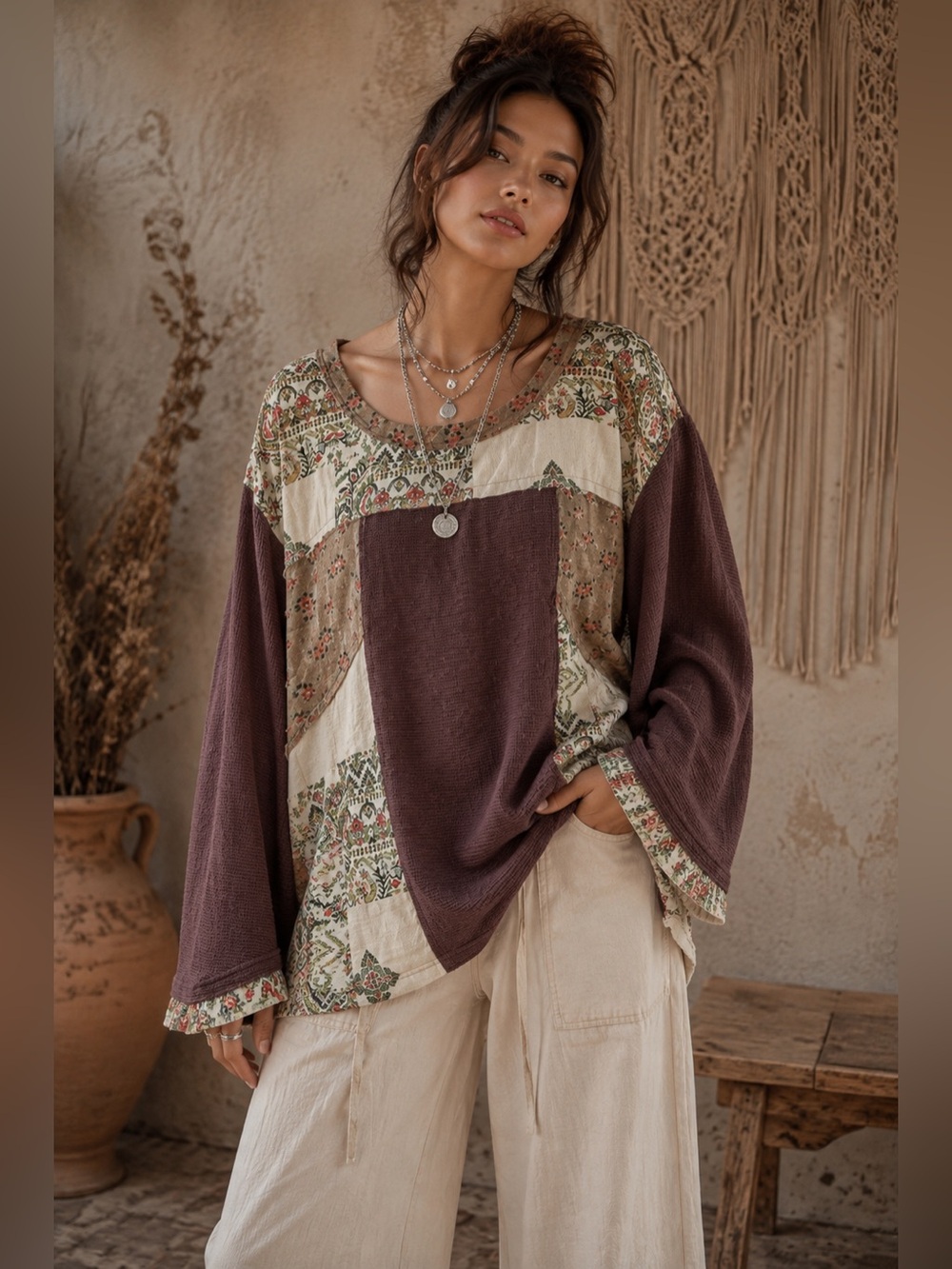 194🌟 POL Boho Patchwork Bell Sleeve Top | Mixed Media Floral Knit | Oversized